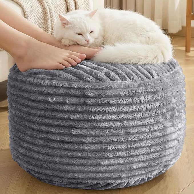 Round Pouf Ottoman,Corduroy Poufs with Memory Foam Filling for Foot Rest,Soft Footstool for Living Room,20"x 15",Dark Grey