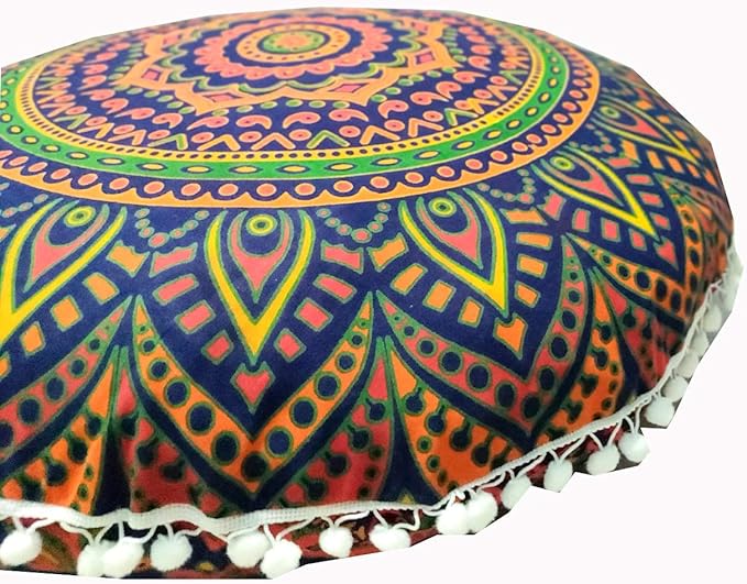 ICC New Blue Ombre 24" Mandala Barmeri Large Floor Pillow Cover Cushion Meditation Seating Ottoman Throw Cover Hippie Decorative Zipped Bohemian Pouf Ottoman Pom Pom Cases 24" Round