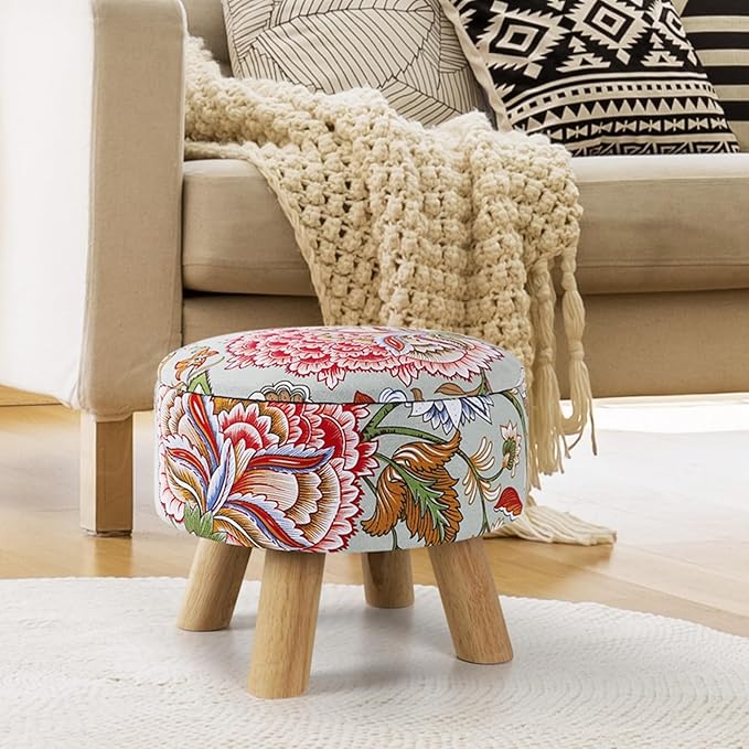ETELI Storage Ottoman Round Small Foot Rest with Wood Legs Boho Footstool with Padded Seat Ottomans and Footstools for Couch Hallway Living Room Bedroom Enterway