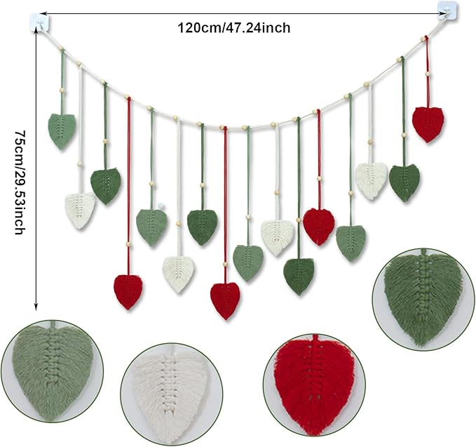 HVEST Christmas Macrame Wall Hanging Large- Boho Decor- Handmade Leaves Woven Tapestry for Bedroom- Red Green White Christmas Ornaments- Macrame Wall Art for Living Room Xmas Decorations, 29.5L X 47W