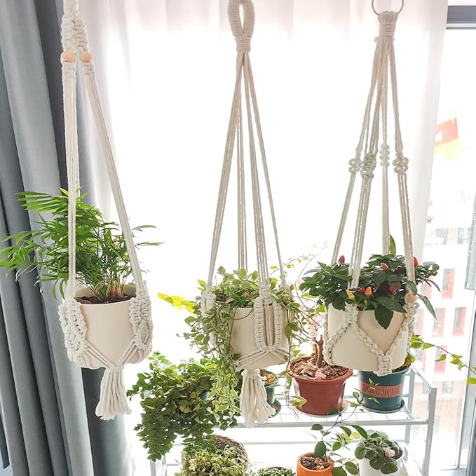 3 Pack Macrame Plant Hangers Handmade Woven Boho Hanging Planters for Indoor Plants Window Balcony Home Decor