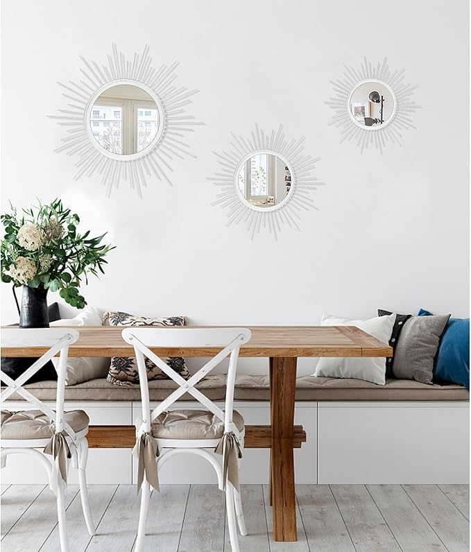 Mirrors for Wall Sunburst Decor Art Mirror Bohemian Home Round Modern Metal Mirror for Bedroom Living Room Hallway Bathroom Balcony Farmhouse White 24" x 24"