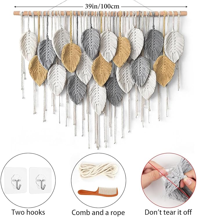 KHOYIME Large Macrame Wall Hanging Boho Woven Tapestry, Chic Modern Home Decor Bohemian Farmhouse Handmade Leaf Feather Wall Art Decorations for Living Room Bedroom Nursery Dorm Backdrop 39"W X 29.5"L