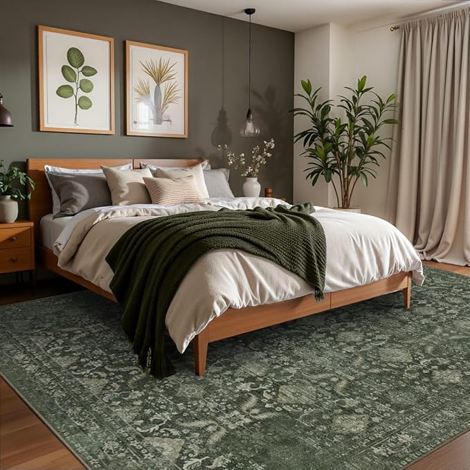 6x9 Area Rugs for Living Room Bedroom, Large Washable Rug, Green Vintage Floral Boho Style, Non Slip & Low Pile Carpet for Indoor Dining Room, Dorm and Kids Room(Green 6x9ft)