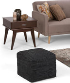 SIMPLIHOME Fredrik Square Pouf - 18 inch Wide Genuine Woven Leather Ottoman in Black, Boho-Style Footstool or Extra Seating for Living Room or Bedroom with Polystyrene Bead Filling, Assembled