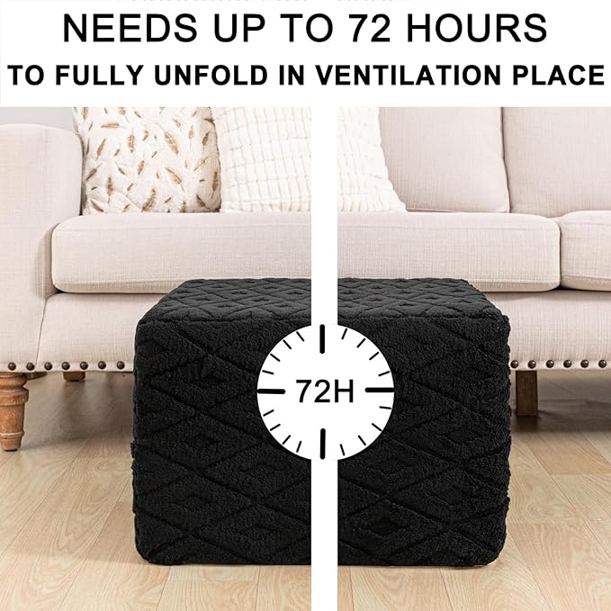 Fluffy Square Ottoman Pouf with All-in-One Foam Filling 20 x 14 Inches Furry Ottoman Foot Rest Foot Stool for Living Room or Bedroom (Black)