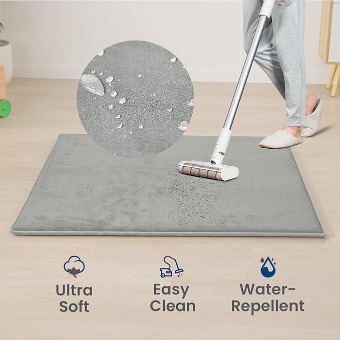 Baby Play Mat for Floor,1.3" Thick Elasti-Foam 50"×50" Playpen Mat for Tummy Time,Water Repellent Soft Coral Velvet for Toddler,Infant,Kids,Non-Slip Backing Safe for Crawling(Light Gray)