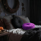 2 Pcs Round Throw Pillows 15 Inch Decorative Velvet Pleated Pumpkin Pillows Boho Floor Pillow with Center Button for Living Room Couch Chair Bed Sofa Home Decoration (Black and Purple)