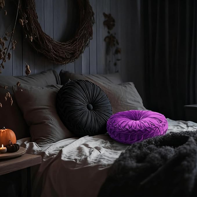 2 Pcs Round Throw Pillows 15 Inch Decorative Velvet Pleated Pumpkin Pillows Boho Floor Pillow with Center Button for Living Room Couch Chair Bed Sofa Home Decoration (Black and Purple)