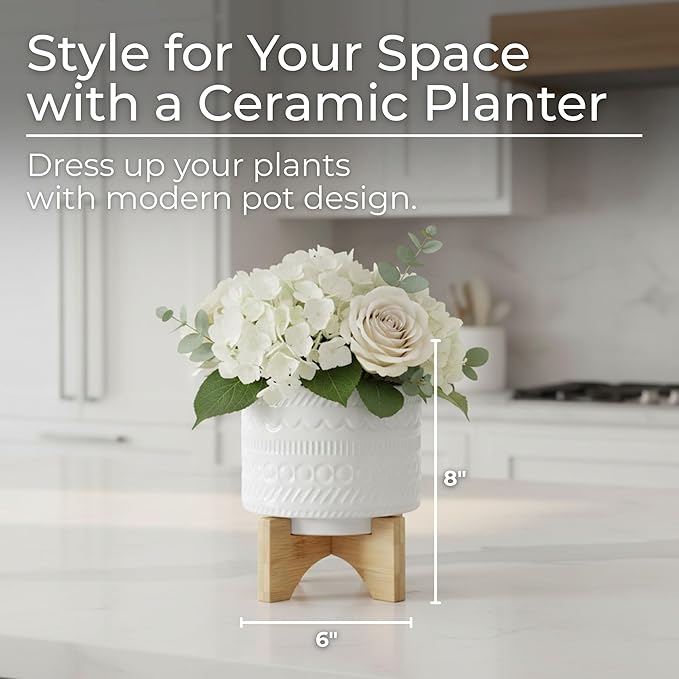 Tribal Look Footed Decorative Planter Pot – Ceramic Stoneware Outdoor and Indoor Plant Pot – Modern Garden and Home Decor Ceramic Planters with Wooden Stand– 8", White