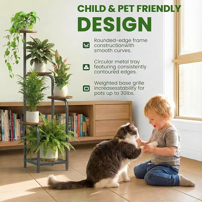TOSKING 5 Tier Metal Anti-Tip Plant Stand indoor, Wide Base for Pots, Child and Pet Friendly ,Heavy Duty Plant Shelf ,Corner Shelf, Flower Pot Stand for Multiple Plants, Indoor Plants Tiered Stand for Living Room Balcony Garden Patio Bedroom(Black and ...