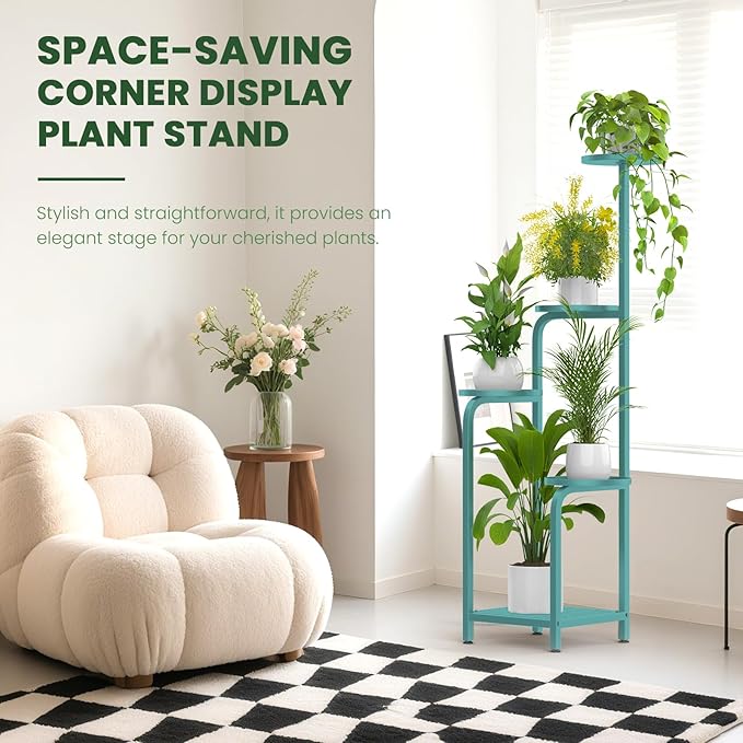 TOSKING 5 Tier Tall Plant Stand Indoor Outdoor,Anti-Tip Plant Stand indoor, Wide Base for Pots, Child and Pet Friendly,Heavy Duty Corner Shelf for Plants & Decor, Space Saving ,Tiered Metal Flower Pot Stand for Balcony, Garden, Living Room, Patio (Blue...