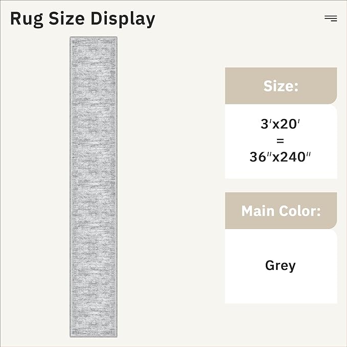 3x20 Hallway Runner Rug - Extra Long Carpet Runners for Hallways 20ft Non Slip Stain Resistant Rugs Runner for Living Room Bedroom 20 Feet Floor Carpet for Kitchen, Grey