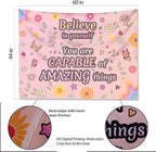 KJHL Pink Floral Motivational Tapestry Wall Hanging 44" x 60" Positive Affirmations Inspirational Kids Tapestries for Classroom Bedroom Dorm