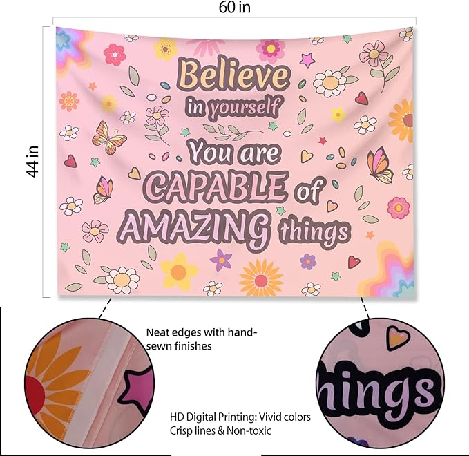 KJHL Pink Floral Motivational Tapestry Wall Hanging 44" x 60" Positive Affirmations Inspirational Kids Tapestries for Classroom Bedroom Dorm