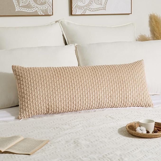 Kevin Textile 20x54 Inch Long Body Lumbar 1 Pack Boho Decorative Throw Pillow Cover Soft Striped Corduroy Rectangle Cushion Case Farmhouse Accent for Living Room Couch Sofa Bed, Light Beige