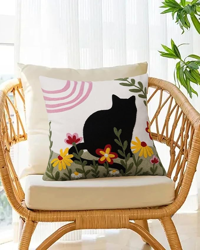 JASEN Embroidered Cat Throw Pillow Cover 18x18 Inch - Decorative Cotton Pillow Case for Couch, Sofa, Bedroom, Living Room - Farmhouse Home Aesthetic Housewarming Gifts