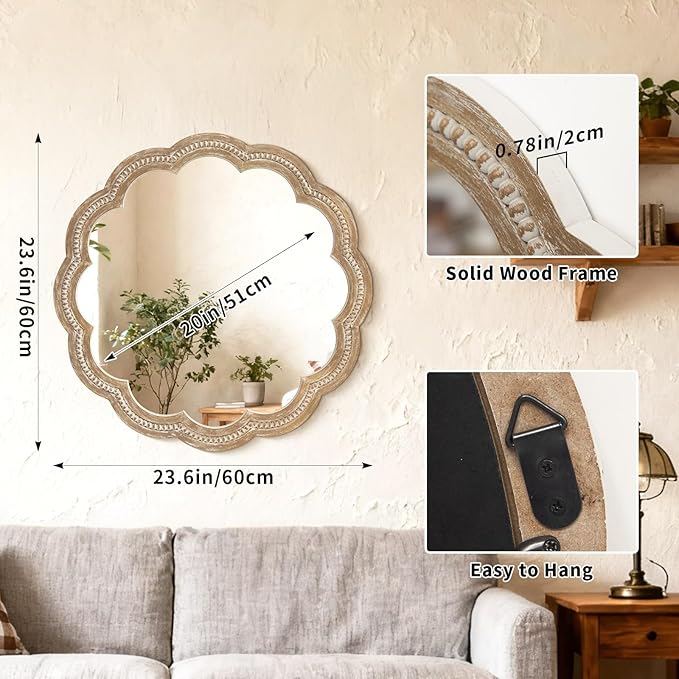 24 Inch Round Wall Mirror, Antique Brown Solid Wood Frame with Scalloped Edge & Beaded Trim, Vintage Farmhouse Mirror for Bathroom, Bedroom, Living Room