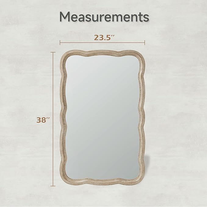 COZAYH Rustic Farmhouse Wall Mirror, 23.5” x 38” Rectangular Decorative Wall Mounted Mirror with Distressed Wood Frame & Curved Scallop Detail, Natural