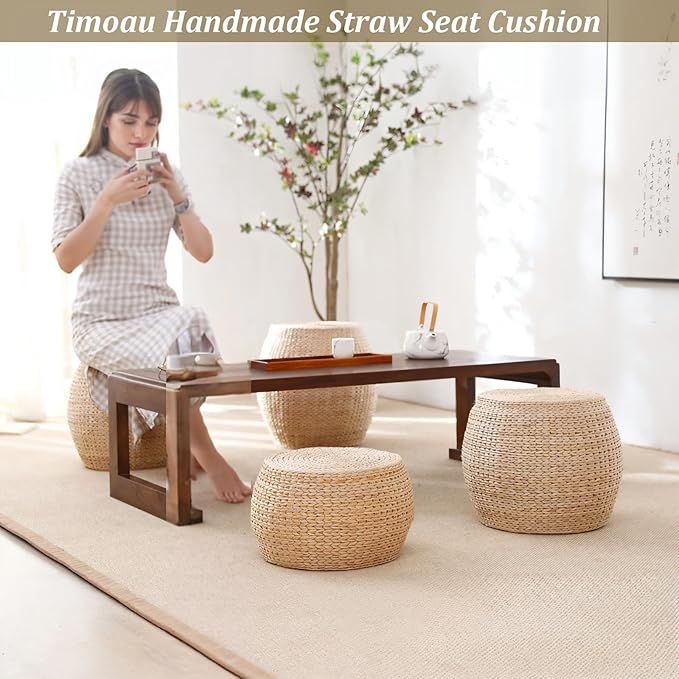Round Straw Seat Cushion, Tatami Floor Pillow Sitting Cushion, Breathable Round Braided Woven Pouf Ottoman Footstool for Yoga, Meditation, Living Room, Porch (11.81" Dia. x 8.66" H)