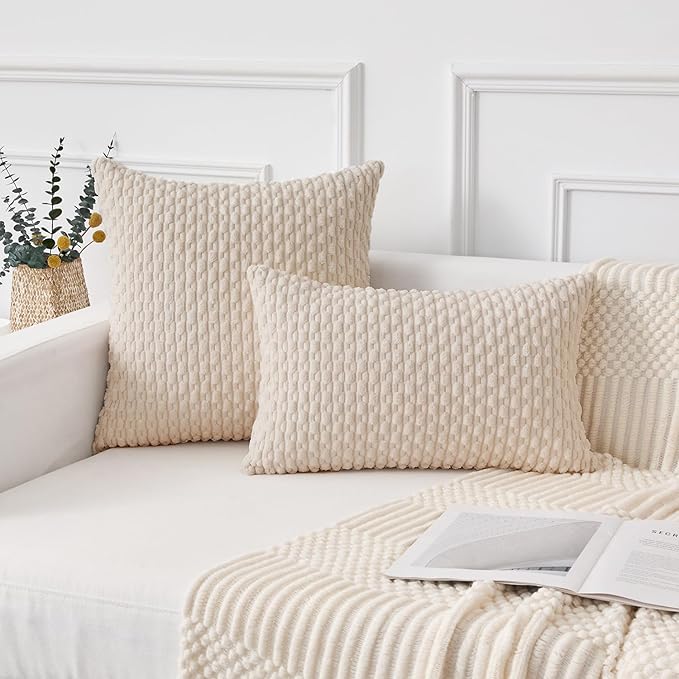 Kevin Textile 12x20 Inch Pillow Cover 1 Pack Boho Decorative Soft Striped Corduroy Lumbar Farmhouse Solid Color Accent Rectangle Cushion Case for Living Room Couch Sofa Bed, Cream White