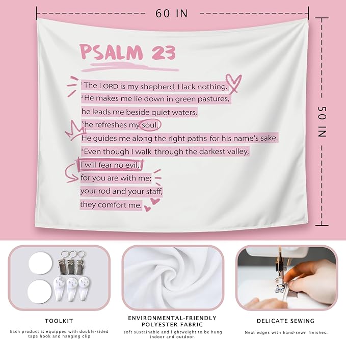 LIANGW Pink Christian Tapestry Aesthetic, Wall Tapestry for Bedroom, Pink Wall Art for Teen Girls & Women, Dorm Decor for College Girls, Bible Verses Tapestries Wall Hanging 50x60 inche