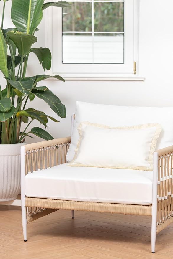Hofdeco Premium Coastal Patio Indoor Outdoor Lumbar Pillow Cover Only, 12"x20" Water Resistant for Backyard, Couch, Solid White Fringe