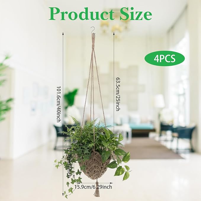 4 Pack Jute Crochet Long Plant Hanger for 3 Inch to 12 Inch Pots, Macrame Plant Hanger Macrame Plant Holder Rope with S Shaped Hooks for Indoor Outdoor Home Decor (Brown)