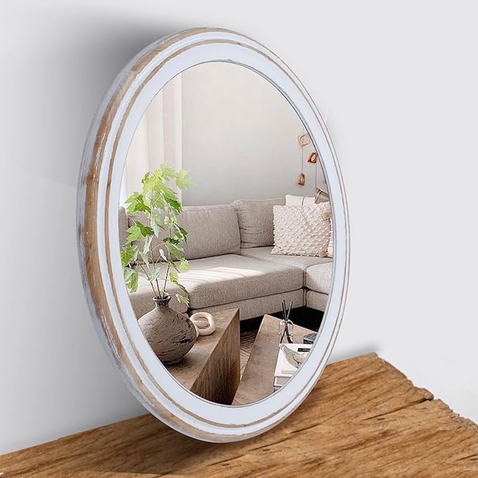 30" Farmhouse Wooden Round Mirrors for Wall Decor, Rustic Decorative Circle Mirror for Bathroom Over Sink, Entryway, Living Room, Vanity