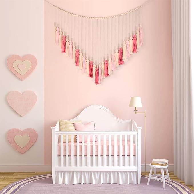 EOBTAIN Large Macrame Wall Hanging,Boho Blush Pink Tassel with Wood Beads Wall Decor for Nursery Bedroom Handmade Bohemian Tapestry for Living Room Dorm Home Decoration,Gifts for Girls Woman 30x36 Inch