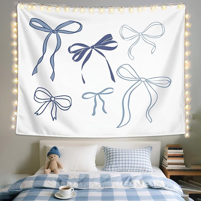 LIANGW Coquette Blue Bow Tapestry Wall Hanging, Coquette Preppy Room Decor, Girly Aesthetic Wall Blanket Decor for Girls Room College Dorm Apartment, 50x60 Inch