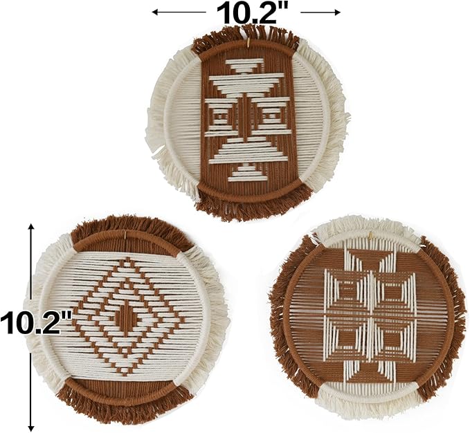 Flber Macrame Wall Hanging Boho Decor Set of 3 – Handmade Round Geometric Woven Cotton Rope Art for Living Room, Bedroom, Entryway or Bohemian Wall Display