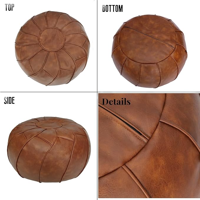 Thgonwid Round Unstuffed Pouf Cover, Leather Foot Stool Ottoman with Storage, Bean Bag Floor Chair, Multi Functional Footrest for Living Room, Bedroom or Balcony (Brown)