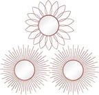 3 Pack Metal Mirrors for Wall Sunburst Wall Mirrors Home Décor Decorative Hanging Wall Art for Living Room Bedroom Entryway (Pink, Flower+Sunburst)