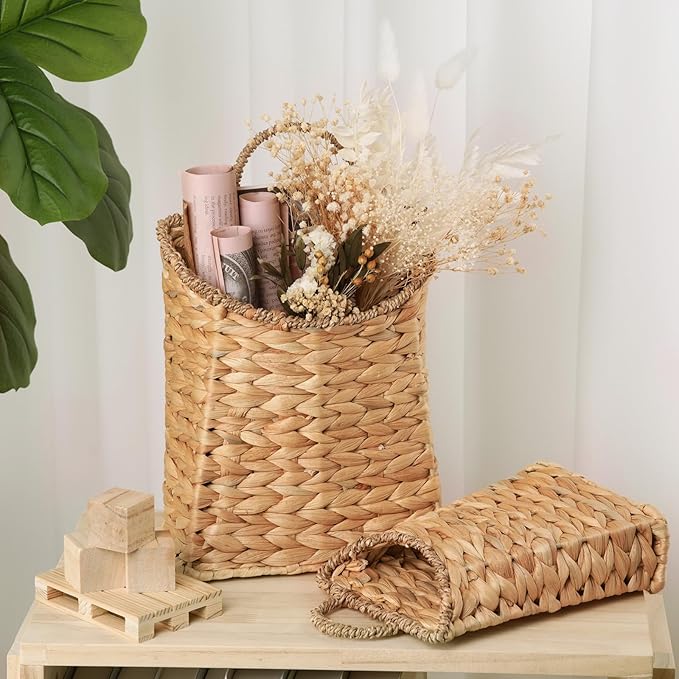 2 Pack Woven Hanging Wall Basket for Front Door 10.2'' + 8.2'' Water Hyacinth Basket for Flowers Handmade Hanging Wicker Baskets Boho Wall Mount Storage Organize for Home Door Shelves Walls
