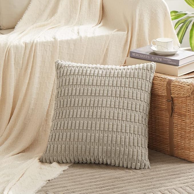 Fancy Homi 4 Packs Neutral Euro Decorative Throw Pillow Covers 28x28 Inch for Couch Bed Sofa, Rustic Farmhouse Boho Home Decor, Soft Plush Striped Corduroy Square Cushion Case 71x71 cm
