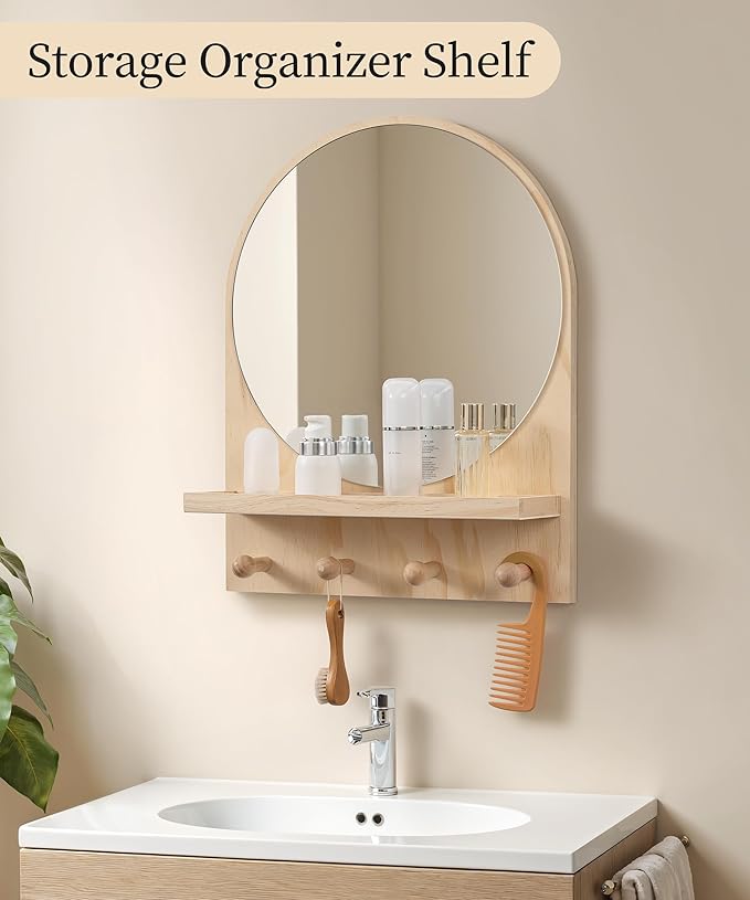 Nursery Mirror, Boho Circle Mirror Wall Mount Natural Wood Shelf Hanging Arch Modern Wall Decor for Nursery Living Room Entryway Hallway Bathroom, 14x18 Inch