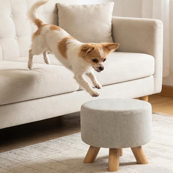 Asense Small Round Ottoman Foot Rest Stool Fabric Padded Seat Footstool Ottoman with Wooden Legs (Beige Grey,Fabric)