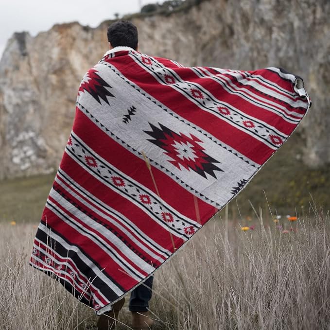 Aztec Patterned Throw Blanket with Soft Sherpa Lining, Traditional Southwestern Navajo Tribal Style Warm Throw for Camping, Outdoor, Light Weight Cozy Boho Blanket for Couch, Sofa, Bed, 60”x80”, Red