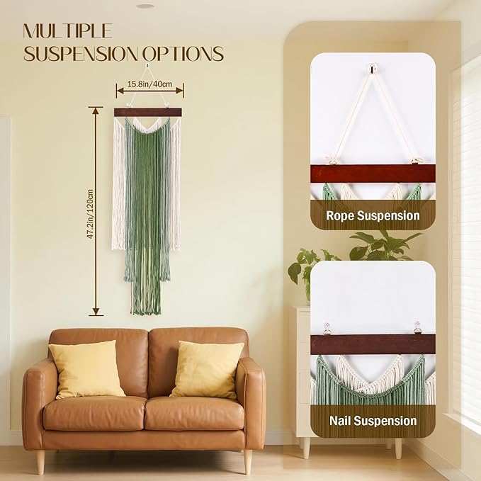 iHUFeather Macrame Wall Hanging Boho Wall Tapestry, Handmade Woven Wall Art for Living Room Bedroom Bohemian Home Decor 47.2" L x 15.7" W（ Green ）