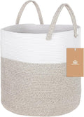 ShellKingdom Laundry Basket, Large Natural Rope Woven Storage Basket with Handles for Home, Living Room, Laundry, Storage Organizer for Blankets, Clothes, Toys, 19.7 x 14.96 INCH (2-Toned White Khaki)