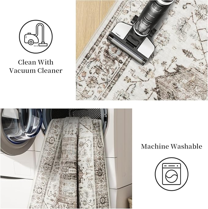 6x9 Rug, Stain Resistant Washable Area Rugs with Anti-Slip Backing, Vintage Rug, Large Bedroom, Living Room Rugs, Foldable Soft Rug (White/Brown, 6'x9')