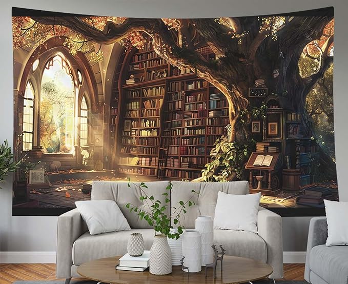 EMMTEEY Library Bookshelf Tapestry for Bedroom 60X50 Inch - Large Tree Wall Art for Living Room Medieval Dark Academia Backdrop for Study Room Office