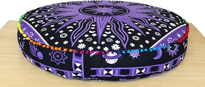 ICC Large Hippie Mandala Round Floor Pillow Cover Ottoman Pouf Cover Daybed Oversized Cotton Cushion Cover with Heavy Duty Zipper Seating Ottoman Poufs Dog-Pets Bed (Purple Burning Sun, 35" Round)