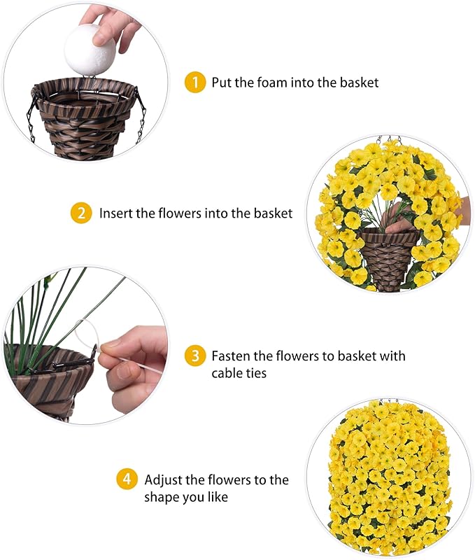 HyeFlora Artificial Fake Hanging Flowers Plants Baskets for Outdoor Outside, Faux Silk Yellow Morning Glory Flowers UV Resistant Look Real Hanging Planter for Home Porch Patio Balcony Yard Decor