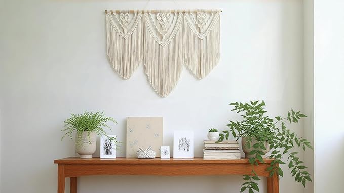 oiikain Large Handmade Boho Macrame Wall Hanging Tapestry - Chic Bohemian Woven Home Decor art for Living Room, Bedroom, and Wedding Parties (Beige, twelve rhombus)
