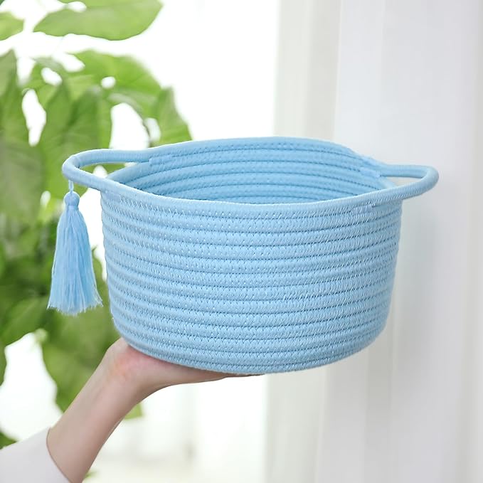 Small Gift Basket Empty – SweetMemo Small Woven Rope Baskets for Teen Girl Gifting, Baby Shower, Desk, Makeup, Bathroom, Vanity– Little Decorative Bin with Gift Bag & Ribbon – Light Blue