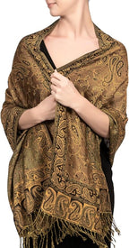 Achillea Reversible Paisley Pashmina Rave Scarf – Exotic Indian Shawls and Wraps for Evening Dresses, Festivals, All Seasons