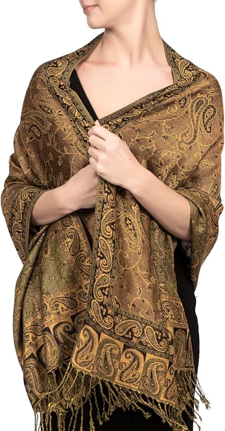 Achillea Reversible Paisley Pashmina Rave Scarf – Exotic Indian Shawls and Wraps for Evening Dresses, Festivals, All Seasons