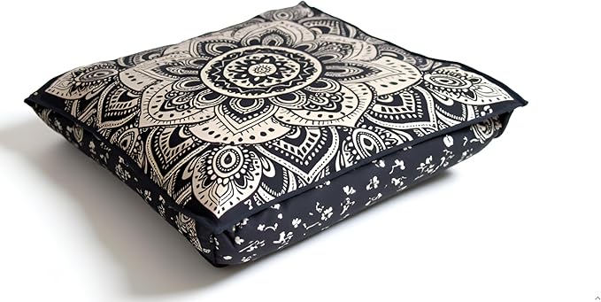 24" Black Gold Flower Mandala Barmeri Large Floor Pillow Cover Cushion Meditation Seating Ottoman Throw Cover Hippie Decorative Zipped Bohemian Pouf Ottoman Pom Pom Cases 24 " square